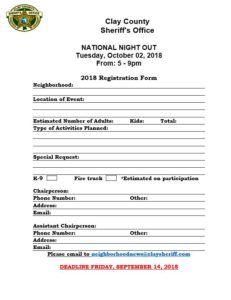 Clay County Sheriff's Office National Night Out form