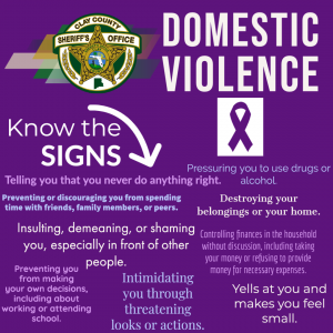 Domestic violence graphic with a purple background and wording about signs of domestic violence