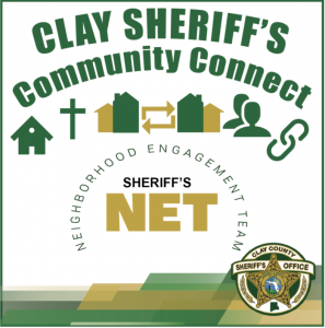 Sheriff's NET graphic with house, cross, people, and chain icons